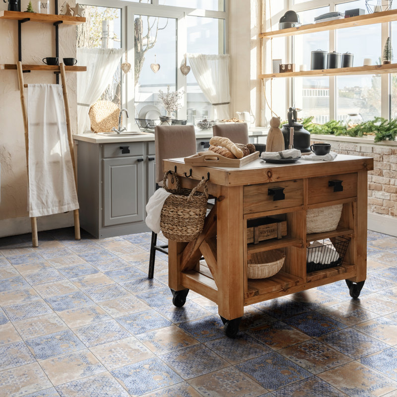 Antigua Deco 13" x 13" Porcelain Vintage Subway Wall & Floor Tile, Beige/Blue