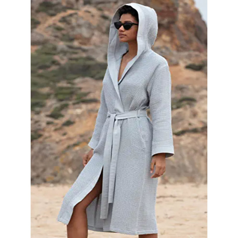 Peignoir mi-mollet en coton avec poches et capuche, Bleu gris, S
