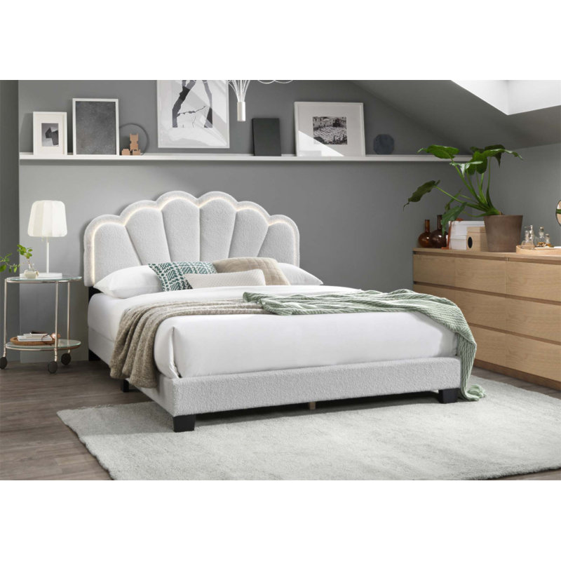 Lit plateforme luxueux en tissu de laine avec tête de lit à DEL et motif floral, aucun sommier requis pour les chambres modernes