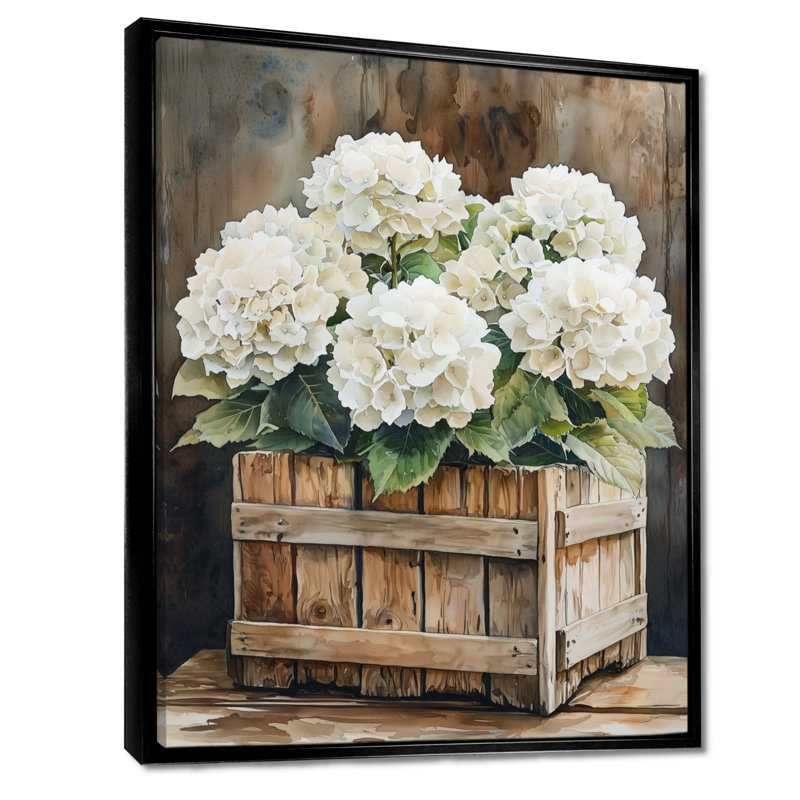 Hortensias dans une caisse en bois - hydrangées, art mural, Noir, Reproduction avec cadre flottant, H 20 po x l 12 po