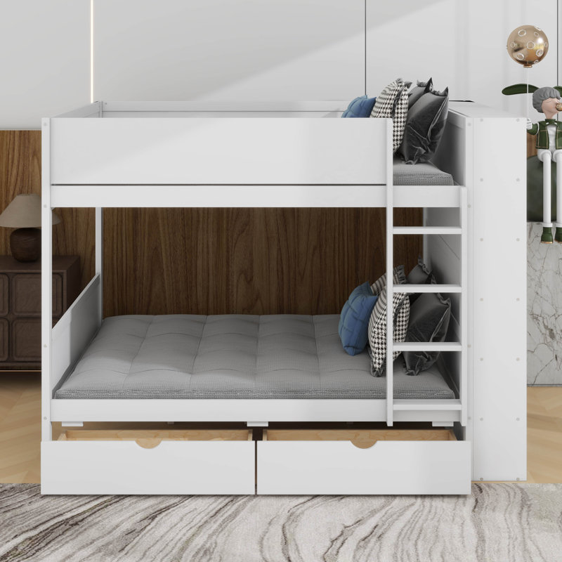 Lit superposé avec tiroirs et armoire, Lit superposé double sur double, Blanc