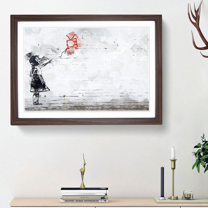 Balloon TV Girl by Banksy - Picture Frame Drawing Print, 27cm H x 36cm W x 2cm D, Walnut Framed