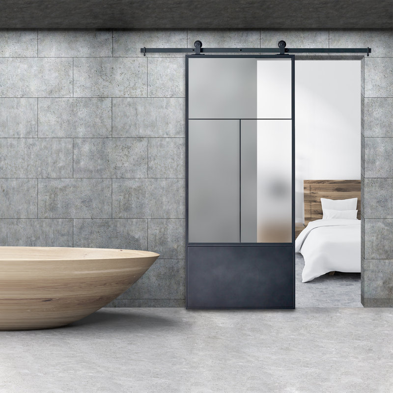 Nation Black Metal Barn Door with Frosted Glass Panels