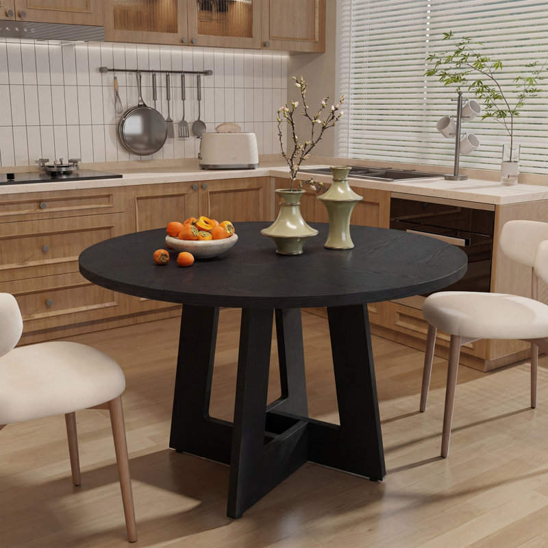 47'' Round Base Wood Farmhouse Dining Table for 4-6 People - Rustic Kitchen & Dining Room Table with Cross Legs, Black
