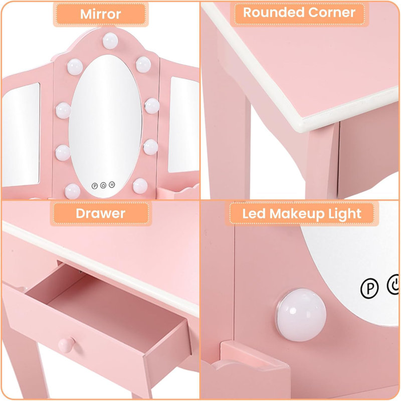 Kids Vanity with Lighted Mirror - Little  Vanity Table and Stool - Kids Makeup with Tri-Fold Mirror - Drawer and Storage Grid for 3-9 Yrs  - Pink