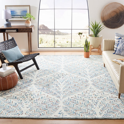 Ikat Handmade Tufted Wool Ivory/Blue Area Rug