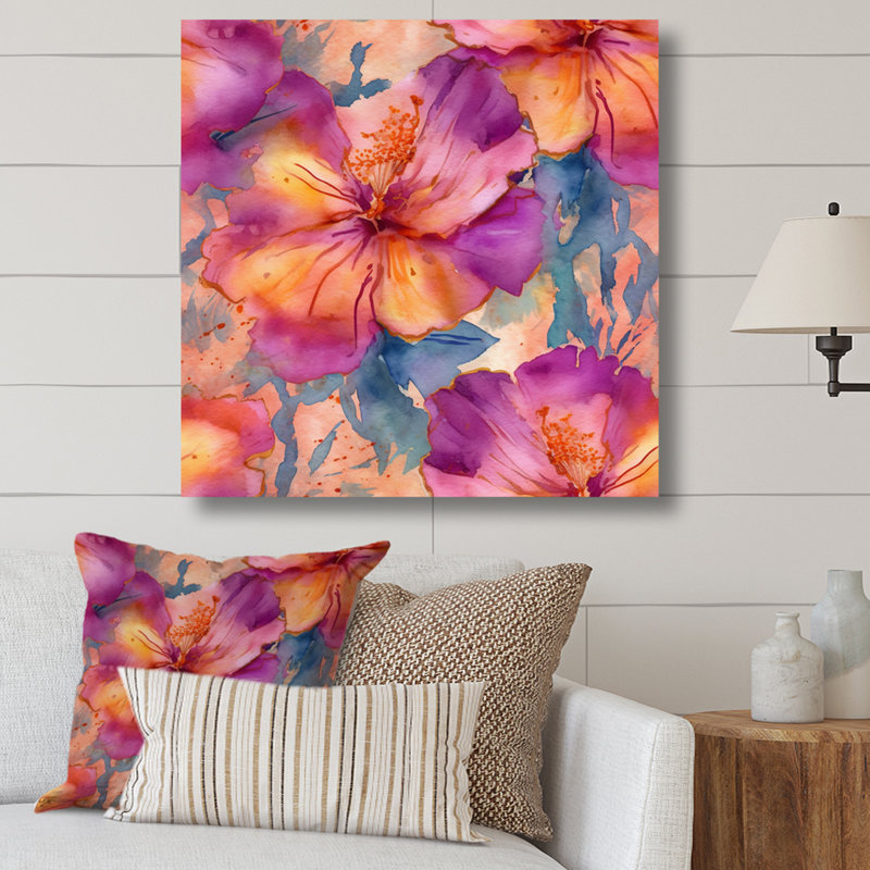 Ronalie, fleurs d'hibiscus mauve et orange sur toile, H 36 po x l 36 po x P 1,5 po, Toile tendue