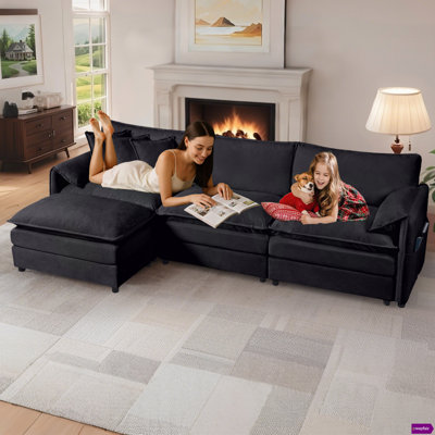 Lashanda 109.45"W Modern Chenille Comfy Modular Seat,Deep Seat Sectional Sofa Cloud Couch with One Ottoman