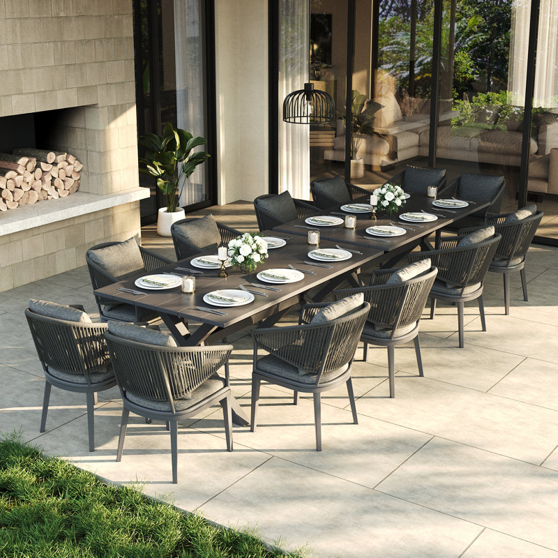 Ensemble repas extérieur pour 12 personnes avec coussins 12 personnes, 14 pièces: 2 tables, 12 chaises