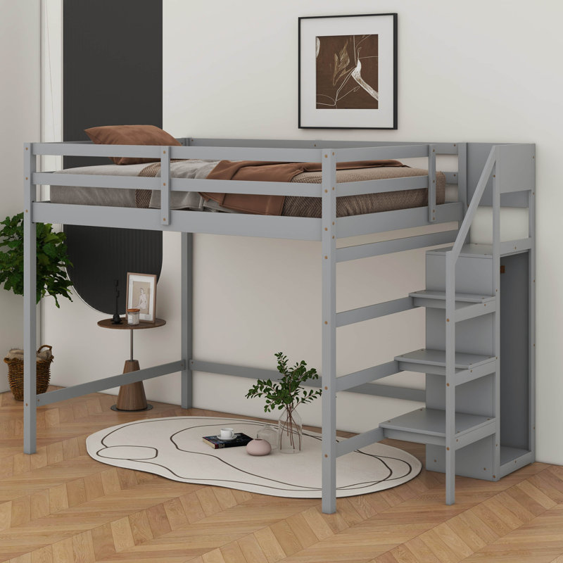 Lit mezzanine double avec garde-robe et escalier, Gris