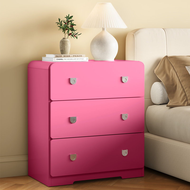 Table de chevet peinte à 3 tiroirs pour chambre à coucher, Rose
