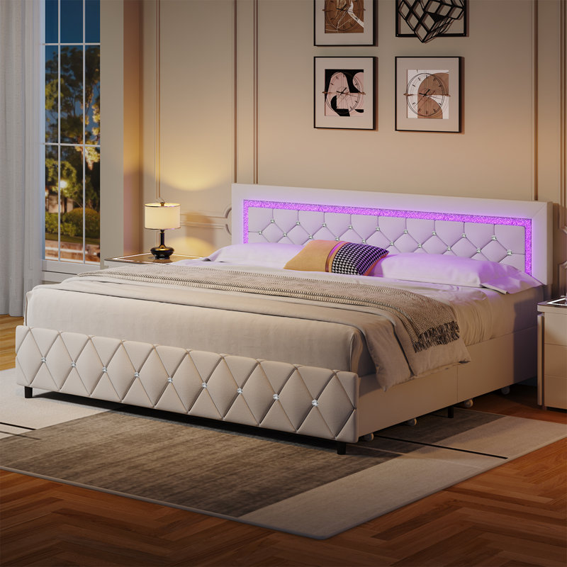 Cadre de lit plateforme tapissier avec lumières DEL et tiroirs de rangement Alber, Très grand lit, Blanc