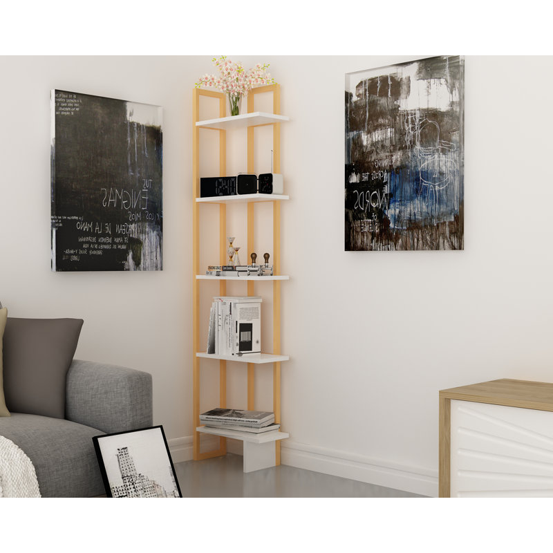 Alica 180cm H x 45.2cm W Corner Bookcase, Gold/White