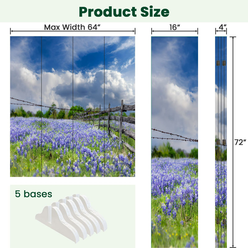 Cloison pliante 4 panneaux paravents Royal Cloud Texas Bluebonnets, 4, H 71 po x l 64 po x P 1 po