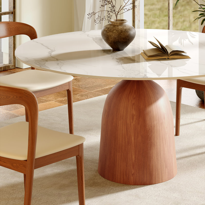 Mid-Century Modern Round Dining Table, 39"/43"/47"/53"/59" Sintered Stone Top, Solid Wood Base, Farmhouse Kitchen Table, Stain & Scratch Resistant
