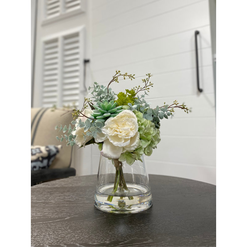 Mixed Floral And Succulent Bouquet In Glass Vase.