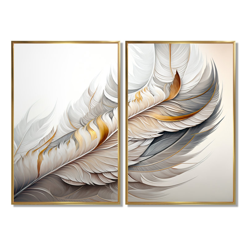 Plume blanche aquarelle - art mural blanc 2 pièces, Impression encadrée flottante, H 36 po x l 48 po, Doré