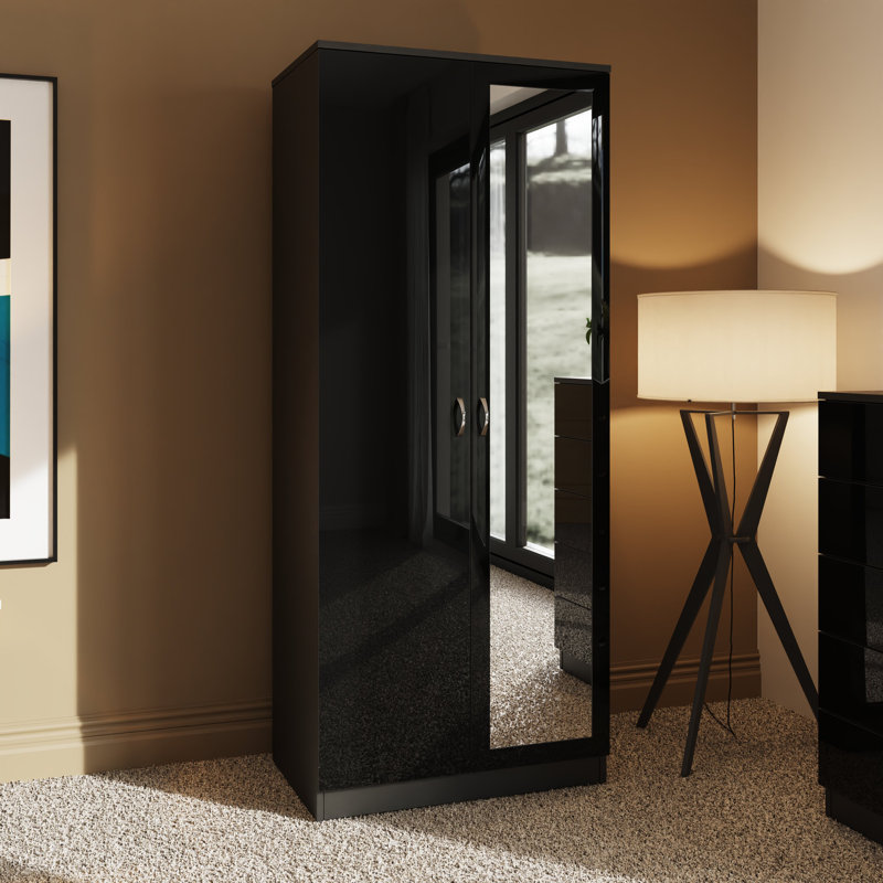 Brendle 2 Door Mirror Wardrobe - High Gloss Finish, Soft Close Doors, Full-Length Mirror, Polished Metal Handles, Matt Black