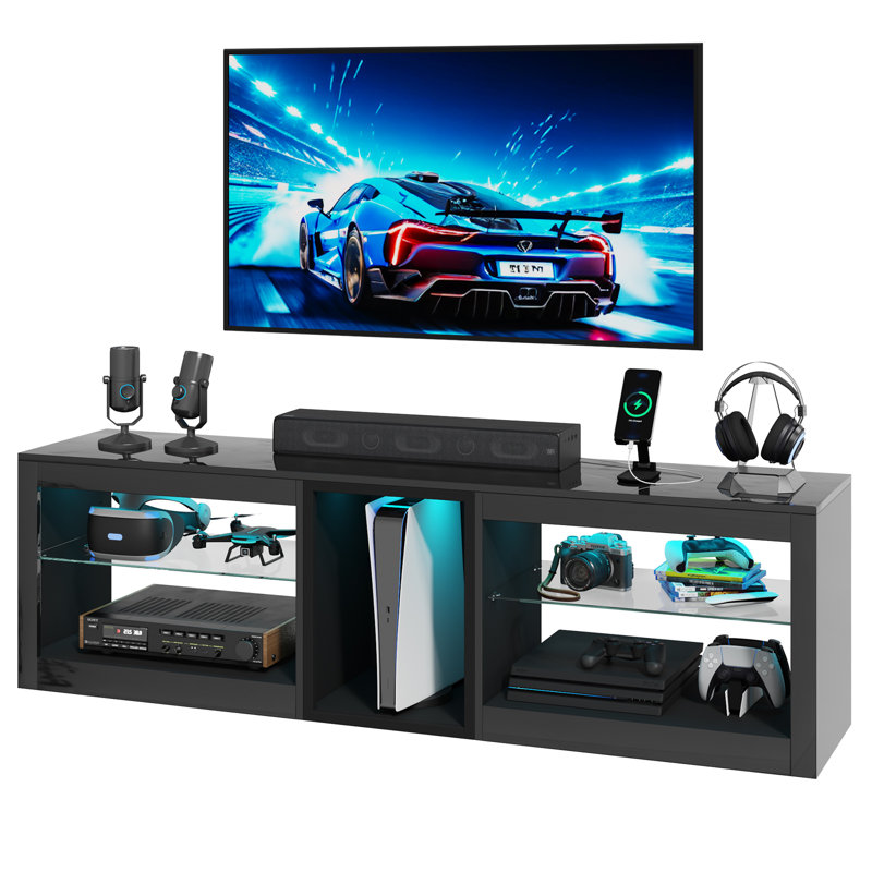 63" Glossy LED TV Stand for 70" TVs, Modern Gaming Center with Built-In Outlet & Adjustable Glass Shelves, versatle TV Console for Living Room or Bedroom, Black