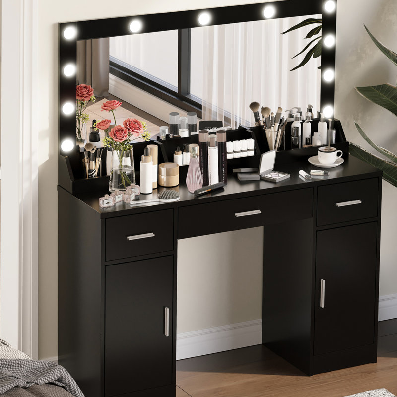 Bureau de meuble-lavabo avec 3 modes d'éclairage couleur, luminosité réglable, tiroirs et 2 armoires verticales, 47,04 po, noir, panneau de particules, installation rapide, meuble-lavabo de 47,04 po, tiroirs, installation facile, rangement