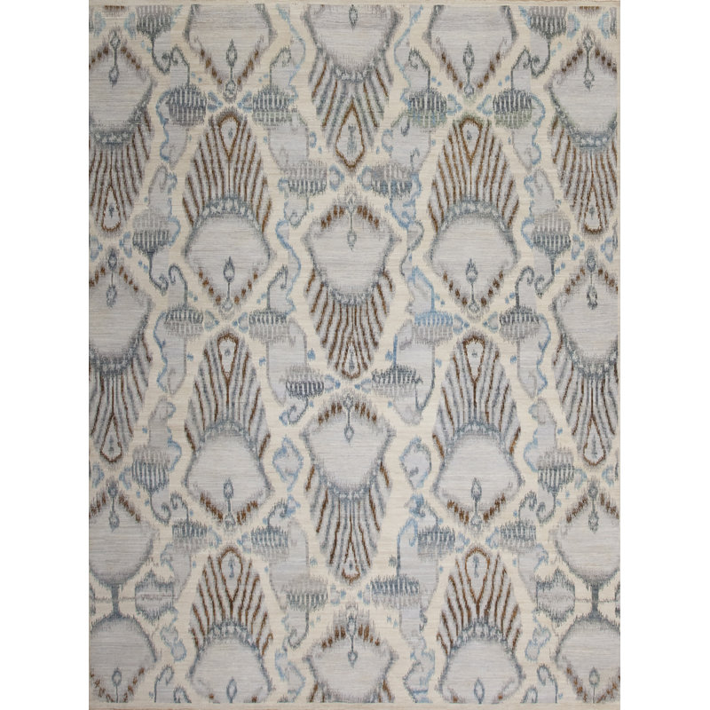 Tapis blanc en laine noué à la main Jazz Ikat, Rectangle 8 pi x 10 pi