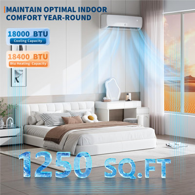 18,000 BTU Mini Split AC/Heating System, 19 SEER2 230V Ductless Split-System Air Conditioner with Heat Pump, Pre-Charged Condenser, 1250 sq ft Coverag