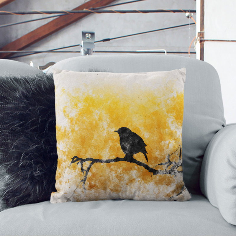Bird At Sunset Watercolour Square Throw Cushion, 40cm H x 40cm W x 15cm D, White