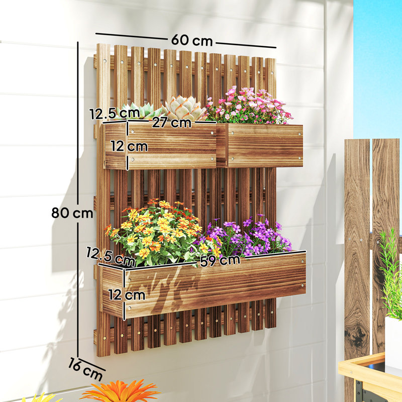 Wall-mounted Wooden Garden Planters with Trellis, Drainage Holes and 3 Planter Boxes for Patio, Carbonised finish