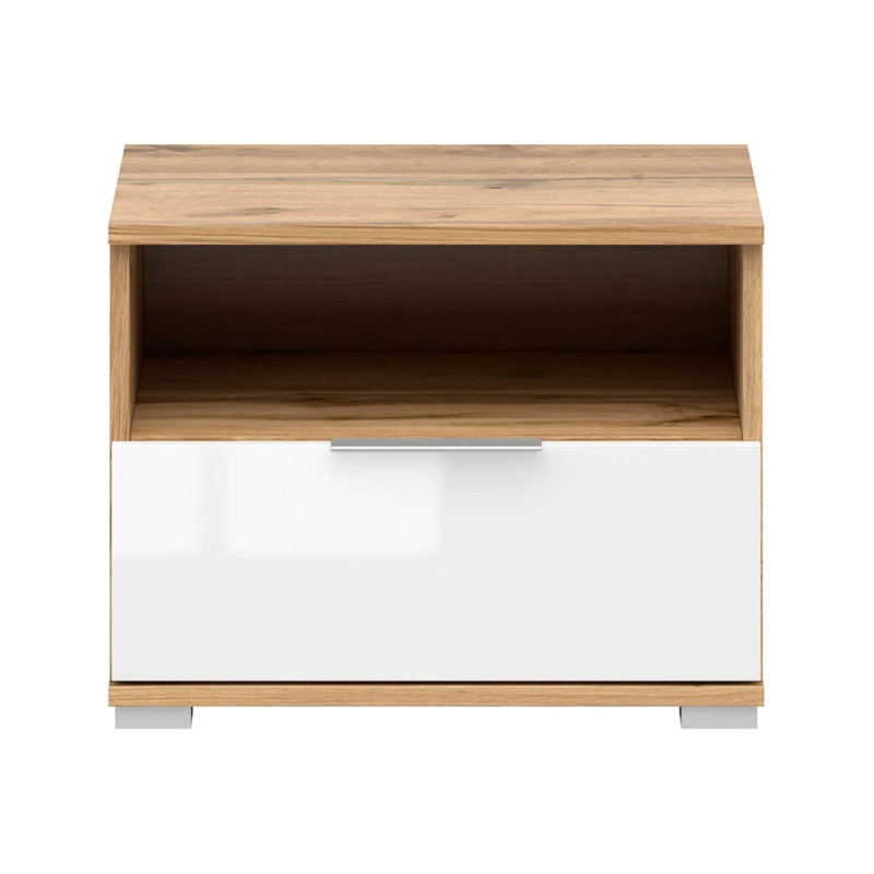 50cm W Composite Bedside Table, Oak Wotan/White Gloss