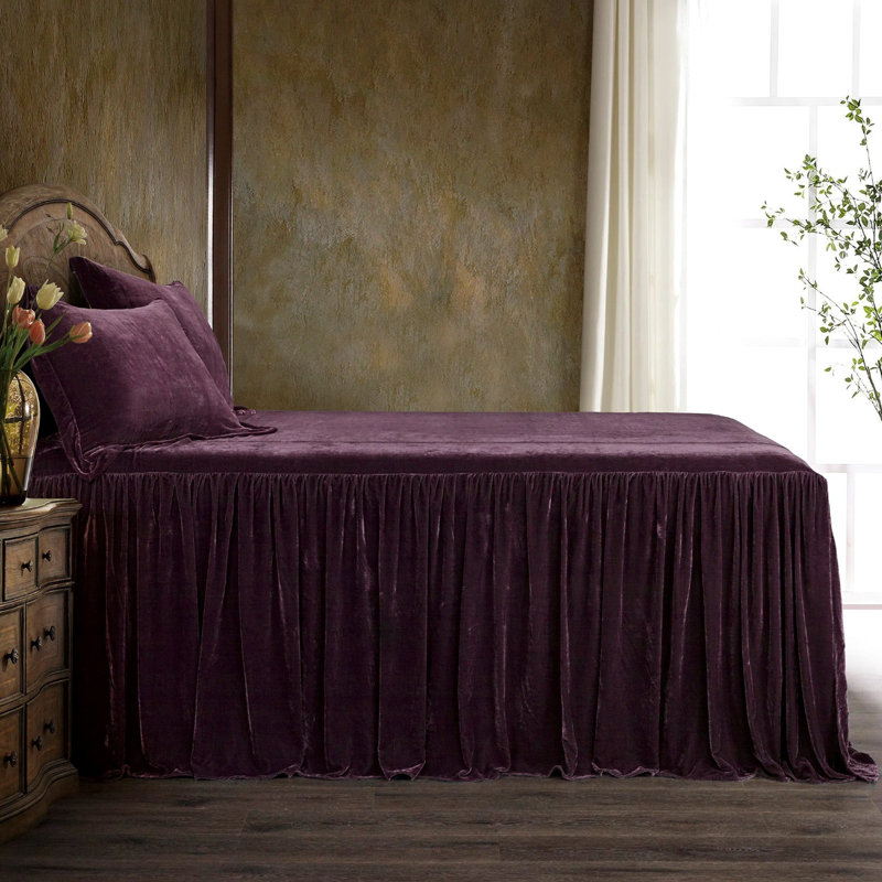 Stella Faux Silk Velvet Romantic Western Ruffle Skirt Bedspread Set, Twin Bedspread + 1 Standard Sham, Dark Violet