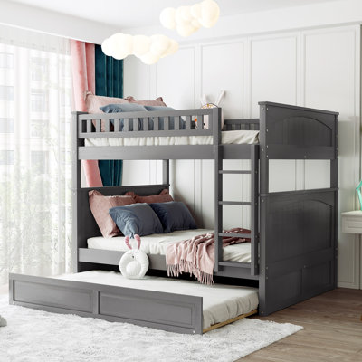Full Over Full Bunk Bed with Twin Size Trundle, Pine Wood Bunk Bed with Guardrails by Harriet Bee