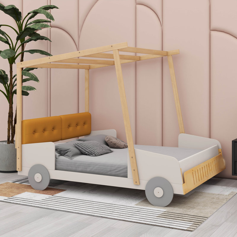 Lit voiture avec tête de lit tapissier, lit plateforme en forme de voiture avec toile de plafond, Double 