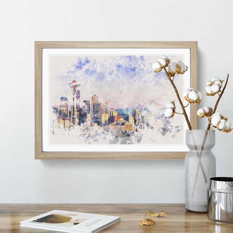 Seattle Skyline - Picture Frame Painting Print, 45cm H x 63cm W x 2cm D, Oak Framed