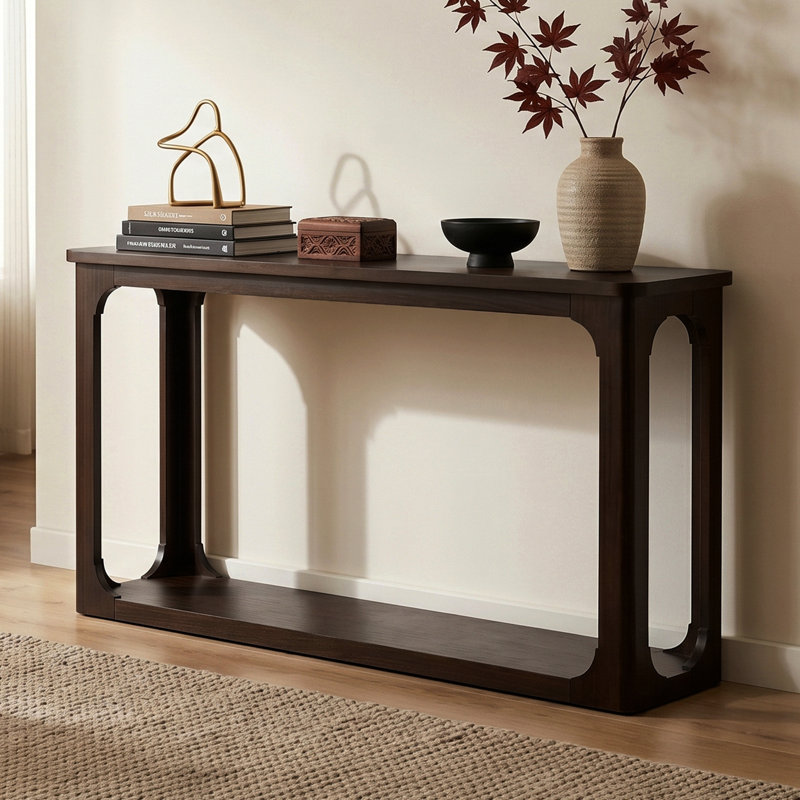 Transitional Console Table, Entryway Sofa Table With Bottom Shelf And Solid Wood Legs