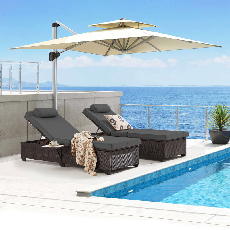 2-Pack Adjustable Outdoor Lounge Chairs, Poolside Chaise Lounge With 5-Position Backrest, Thick Cushion & Cup Holder, All-Weather PE Rattan Patio Furniture