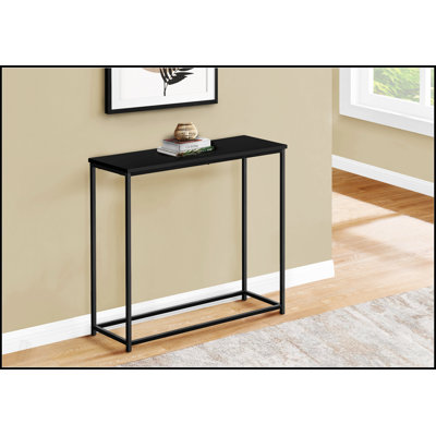Console moderne étroite avec plateau en stratifié noir et base en métal, parfaite pour les vestibules et les salons.