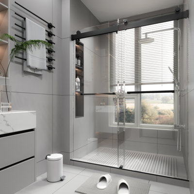 56-60" W X 76" H Frameless Double Sliding Shower Door With Soft-Close System, 3/8" SGCC Tempered Glass, Adjustable Bypass Shower Enclosure In Matte Black
