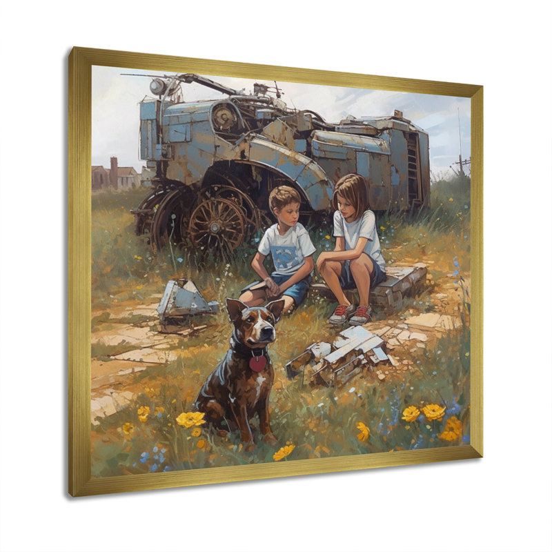 «Children on the Farm I» - reproduction, H 16 po x l 16 po x P 1 po, Cadre flottant doré
