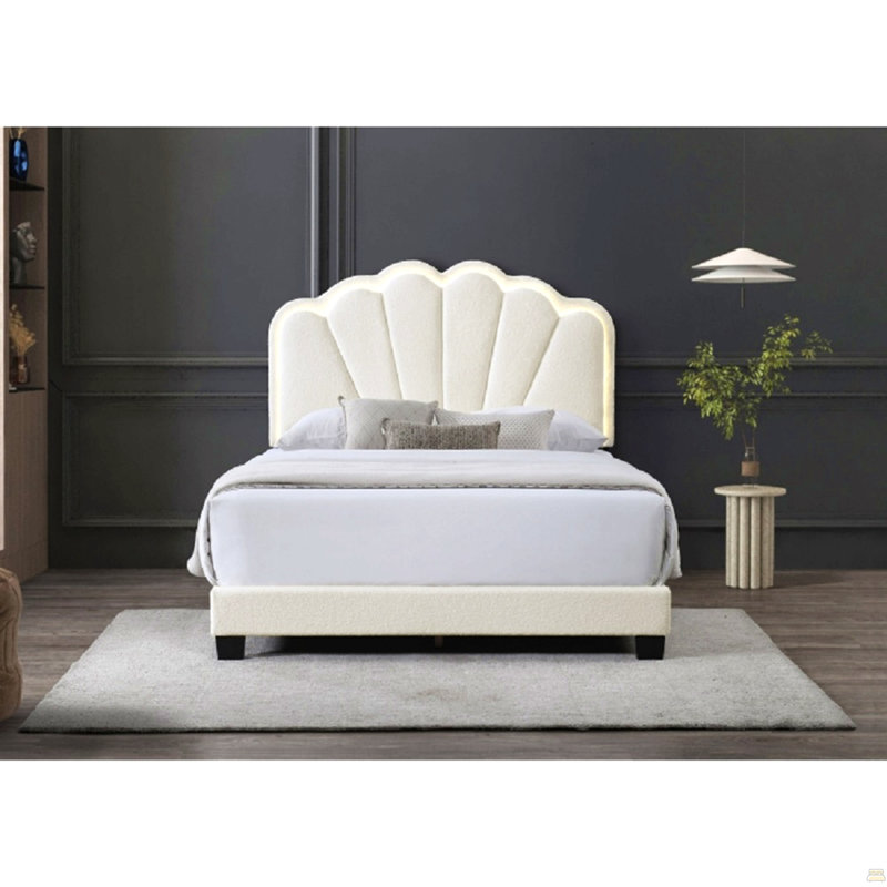 Lit plateforme simple à DEL moderne avec tête de lit arquée Shell Glam Modern, beige, Lit simple, Beige