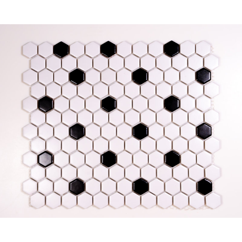 Hexagon Matte Porcelain Mosaic Tile - (Box Of 10 Sheets), 1x1, White/Black