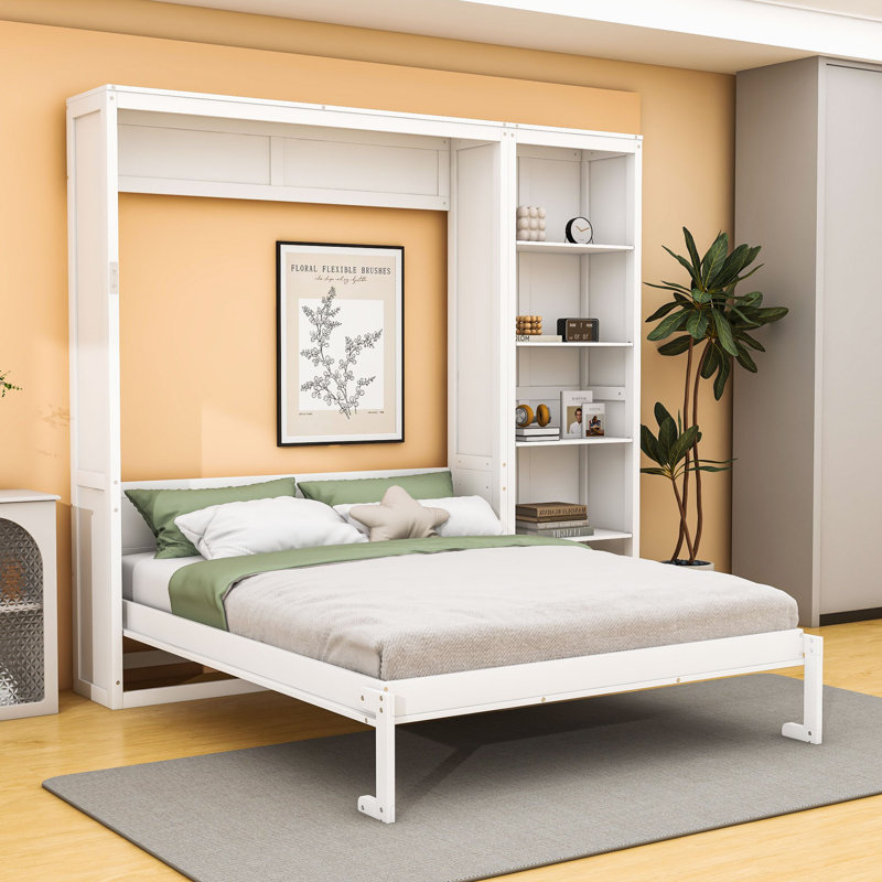 Lit escamotable en bois avec tablettes et tête de lit, Double, Blanc