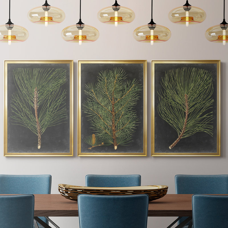 Dramatic Pine I - Toile tendue avec châssis sur mesure - 3 pièces, H 39 po x l 81 po, Doré