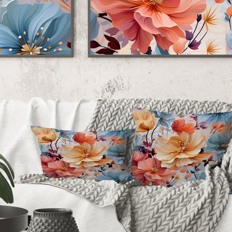 Coussin décoratif imprimé floral jaune et bleu, H 16 po x l 16 po