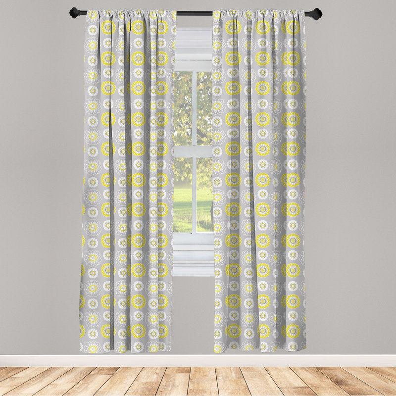 Rideaux 4 panneaux Bungalow Rose pâle gris, tourbillons de fleurs, jaune moutarde et blanc, L 56 po x L 95 po