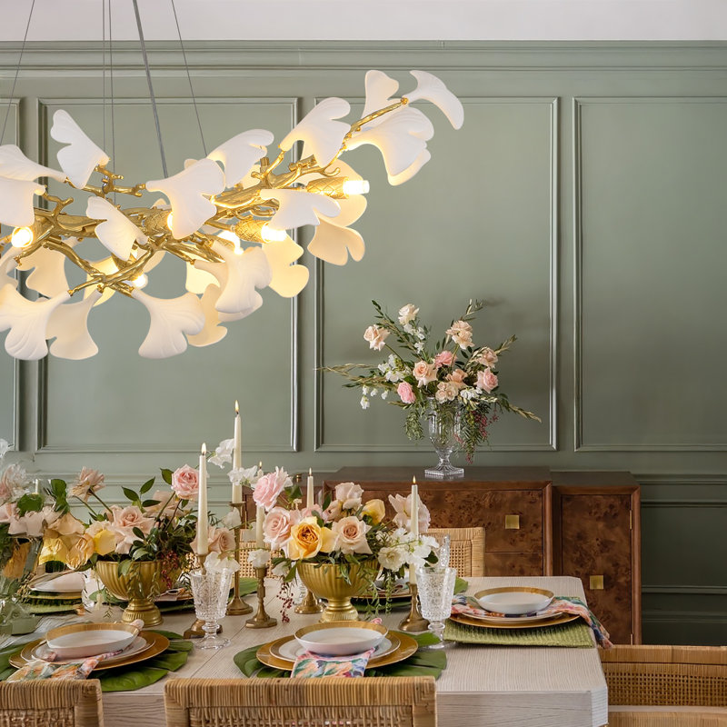 10-light 36" Dimmable Tree Branches Ginkgo Chandelier With Ceramic Leaves Shades