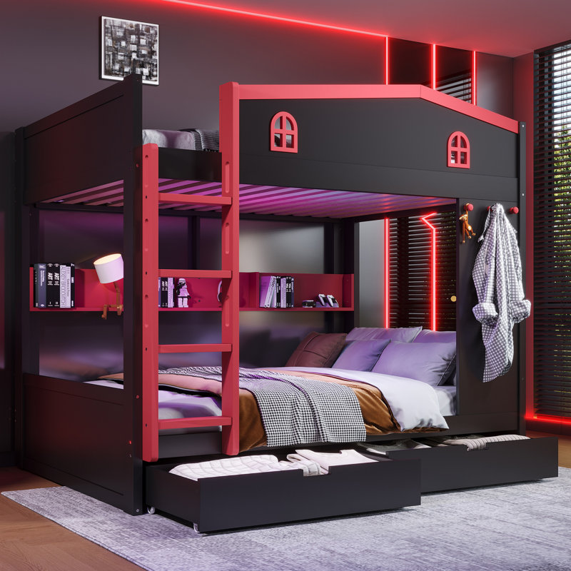 Queen Over Queen Solid Wood Bunk Bed with Storage Drawers, Shelves and Hooks, Black, Queen Over Queen