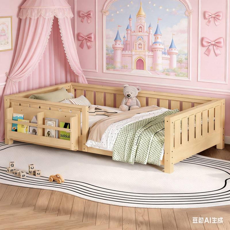 Twin Low Platform Bed With Built-in Bookshelf Safety Guardrail, Twin Size Solid Wood Montessori Bed Frame For Kids, Boys, Girls, Easy Assemble ( Twin, Light Natural, Bookshelf )