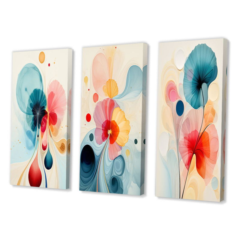 «Energy of Blossoming Life Retro Minimal Flower I», ensemble de 3 impressions, Toile tendue, H 28 po x l 36 po