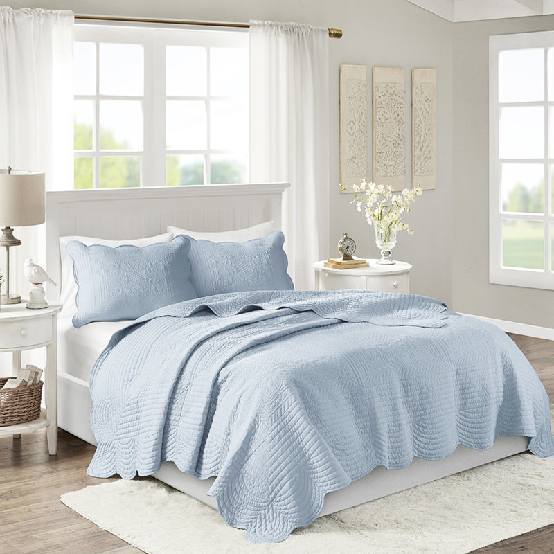 Literie réversible à bords festonnés - rembourrage, courtepointe en microfibre douce avec bords, chaud, Bleu