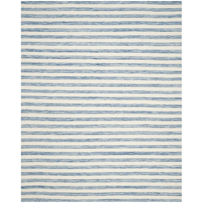 Emek Hand Woven Flat Weave Wool/Cotton Striped Rug in Blue/Ivory, Rectangle 8' x 10'